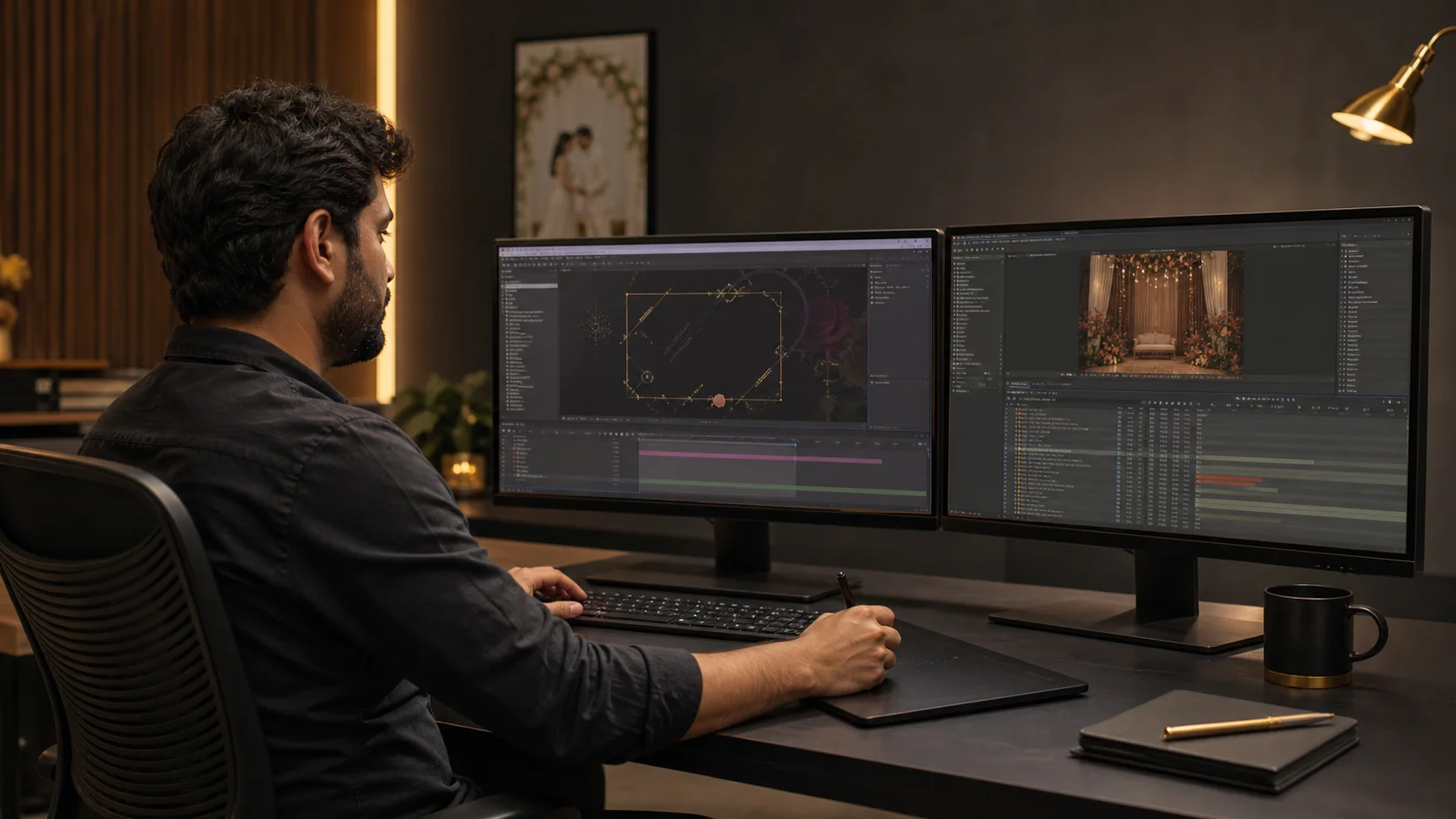Illustrative motion graphics and compositing workspace for After Effects services