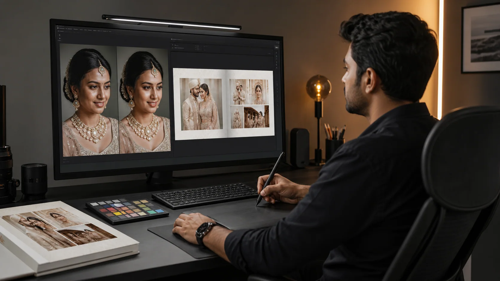 Illustrative photo retouching and album design workspace for Photoshop services